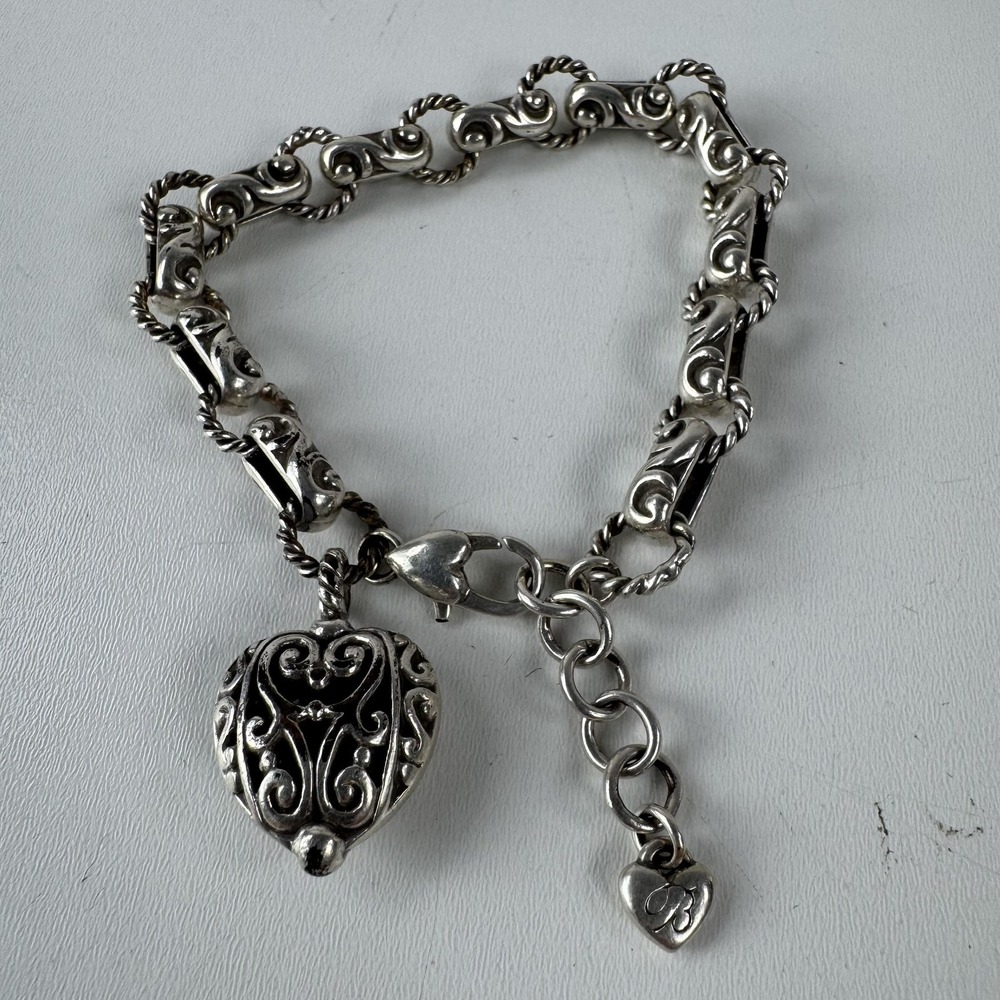 Vintage Brighton Bracelet Silver Scroll Link Heart Charm Adjustable 7-8.5"